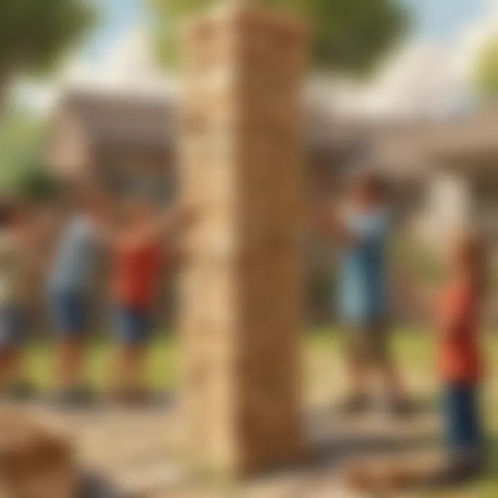 A group of children strategizing during a game of giant Jenga