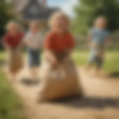 Sack Race Excitement: A Test of Speed and Agility Kids laughing and competing in a friendly sack race