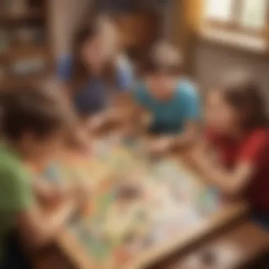 A group of children laughing and interacting while playing a board game together.