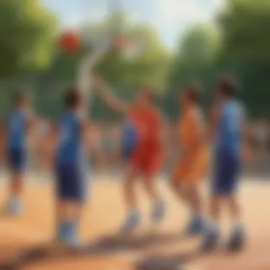 Team Spirit in Basketball Group of kids playing basketball on an outdoor court
