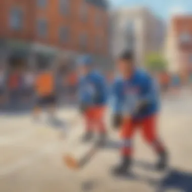 Energy and Fun in Street Hockey Children engaged in a lively street hockey match