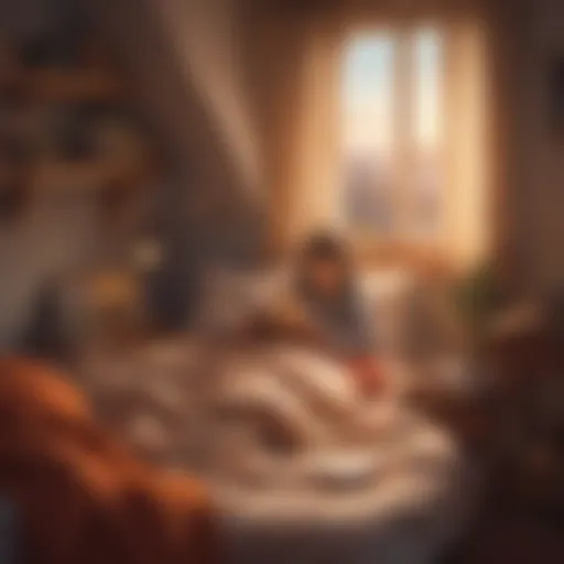 A cozy bedroom scene with a child reading a book under a blanket.
