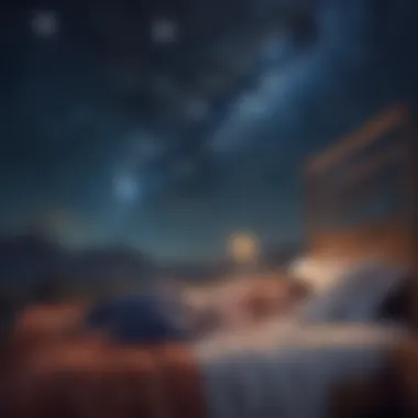 An enchanting night sky with stars and a child dreaming of storybook characters.
