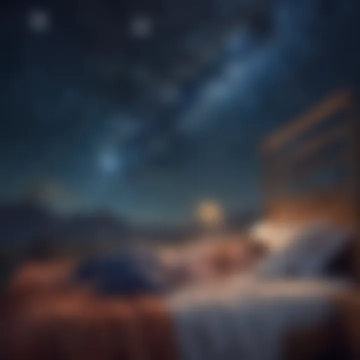 An enchanting night sky with stars and a child dreaming of storybook characters.