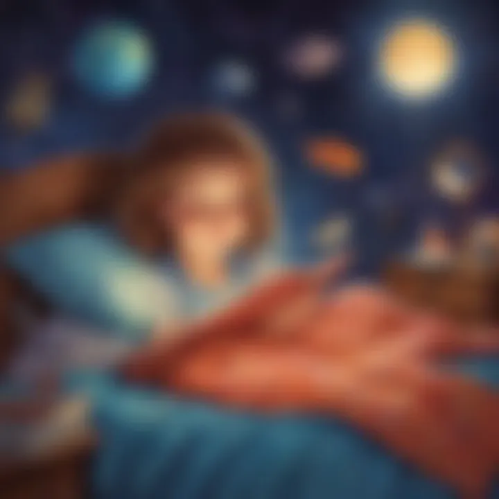 A vibrant depiction of a child imagining a world of adventures from a bedtime story.