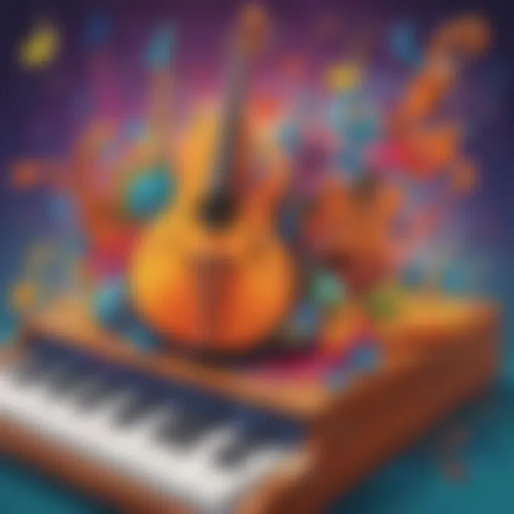 Colorful musical notes and instruments illustrating fun