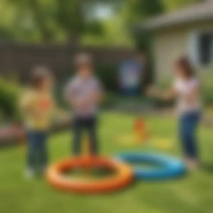 Kids playing a colorful ring toss game in the backyard