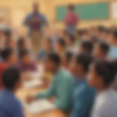 Group of diverse students listening attentively to an educator