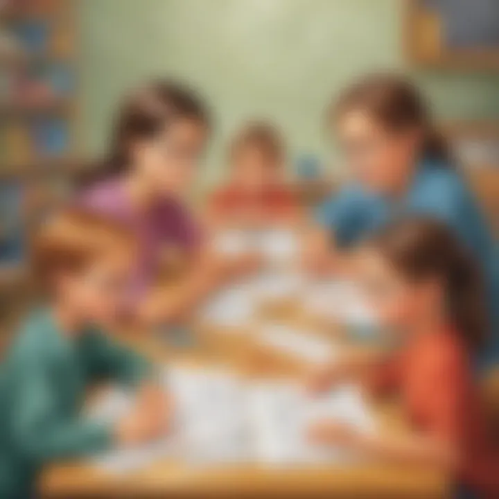 Illustration depicting a group of children working collaboratively on solving word problems