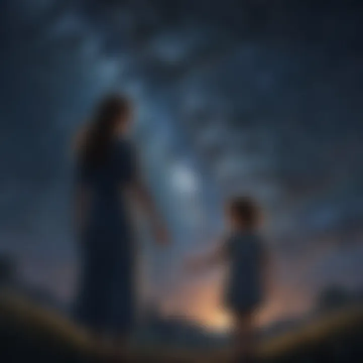 A parent holding their daughter's hand under a starry night sky