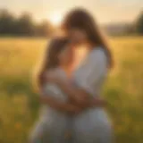 A mother and daughter sharing a warm embrace in a sunlit meadow