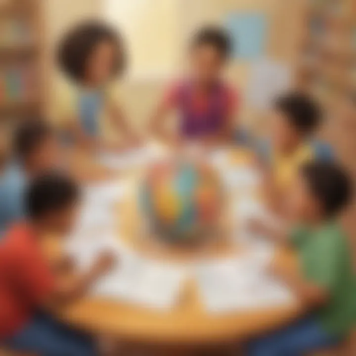 Illustration of a diverse group of children collaborating on a math project