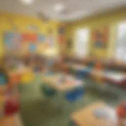 A vibrant classroom setting filled with colorful learning materials and children's artwork.