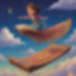 Illustration of a whimsical book character flying on a magic carpet