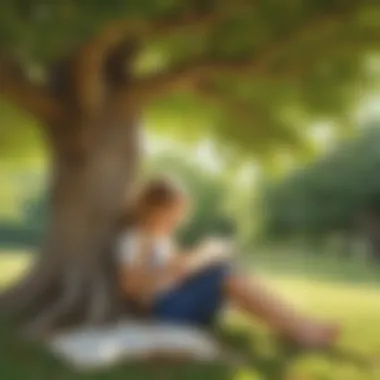 A child joyfully engaged in reading a book under a tree