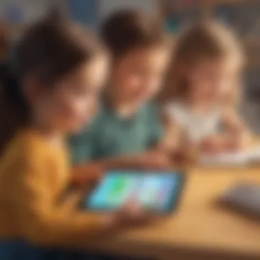 Illustration of children interacting with a tablet while playing educational games