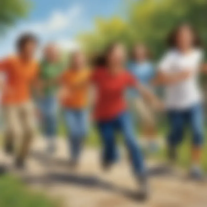 Group of active 5th graders playing tag outdoors