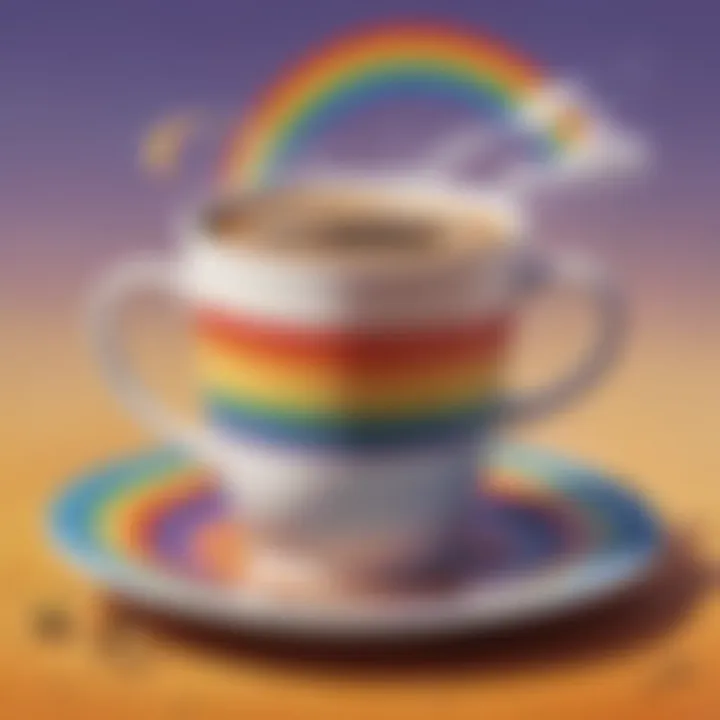 Eccentric graphic of a coffee cup with legs dancing on a rainbow