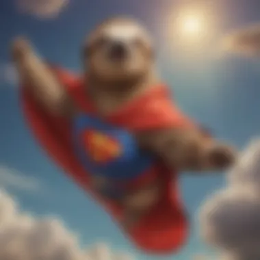 Quirky artwork of a sloth in a superhero cape flying in the sky