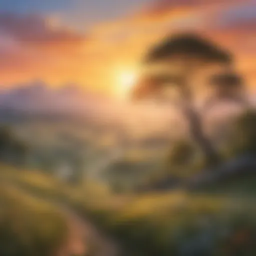 A tranquil landscape with a serene sunrise, symbolizing new beginnings.