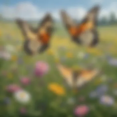A pair of delicate butterflies dancing amidst a field of blooming wildflowers
