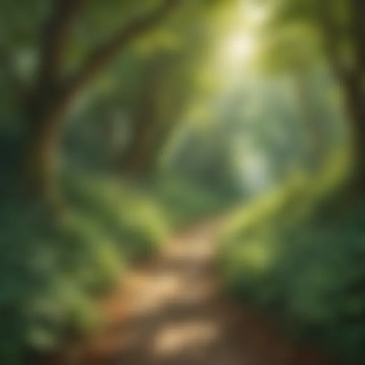 A path through a lush forest with dappled sunlight filtering through the leaves