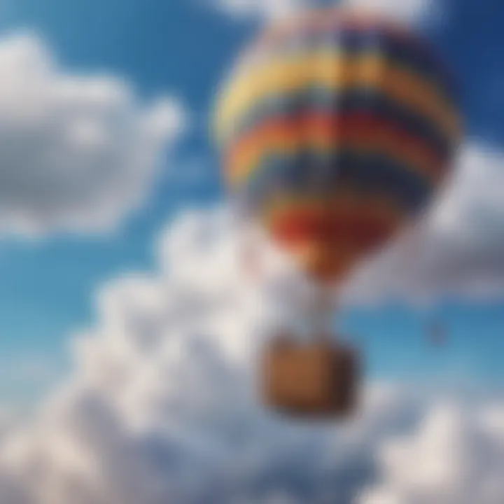 A colorful hot air balloon floating gracefully in the sky against a backdrop of fluffy clouds