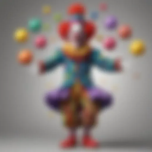 Colorful and vibrant cartoon illustration of a clown juggling colorful balls