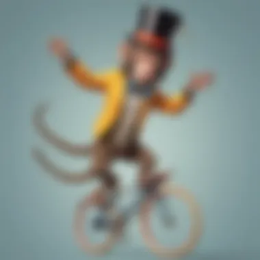 Whimsical and imaginative cartoon illustration of a monkey in a top hat riding a unicycle