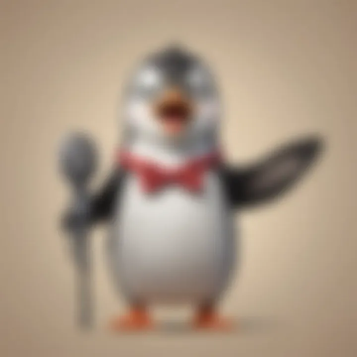 Adorable and comical cartoon illustration of a penguin in a bowtie telling a joke with a microphone