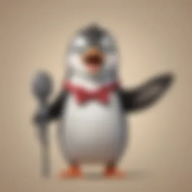 Stand-Up Penguin Adorable and comical cartoon illustration of a penguin in a bowtie telling a joke with a microphone