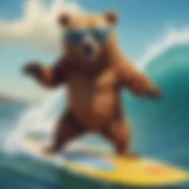 Quirky and playful cartoon illustration of a bear wearing sunglasses and surfing on a wave