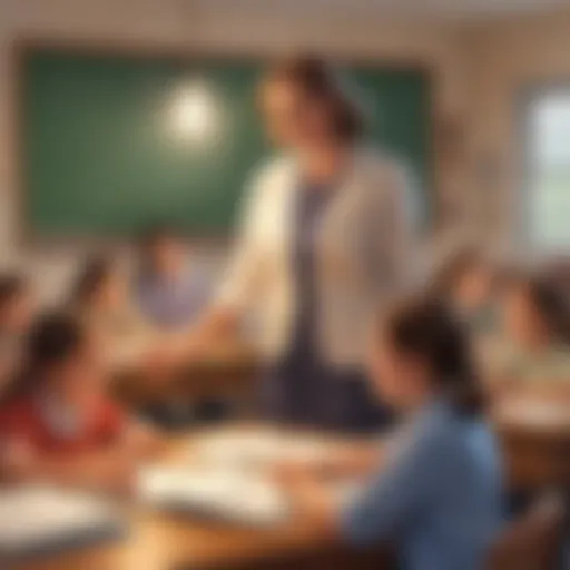 Illustration of a teacher guiding students in a classroom