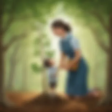 Illustration of a teacher nurturing a young sapling, symbolizing growth and development