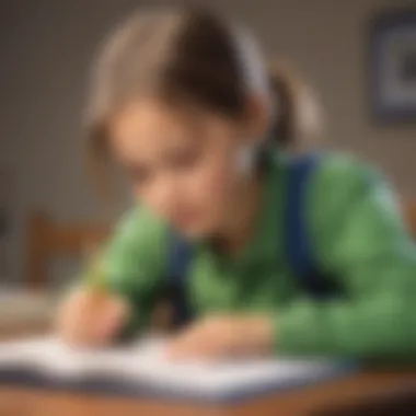 Child writing on a notebook with focused expression