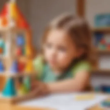 A close-up of a child thoughtfully building a structure with various shapes.