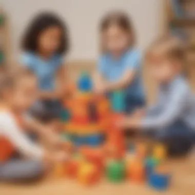 Young children engaging in a group problem-solving activity with colorful blocks.