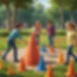 Children playing outdoor game with colorful cones