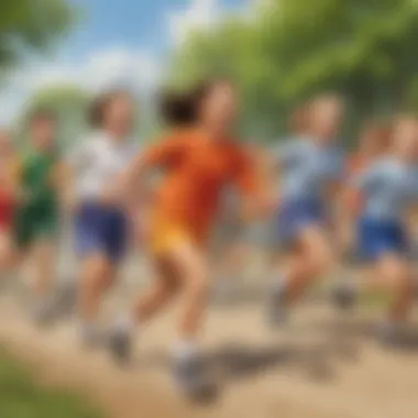 Group of elementary school kids engaged in a relay race