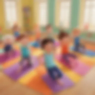 Group of young children practicing yoga poses on colorful mats