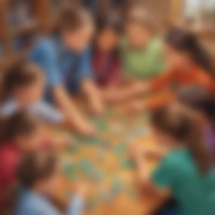 Elementary school children working together to solve a puzzle