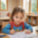 Illustration of a kindergarten child engaged in morning worksheet activities