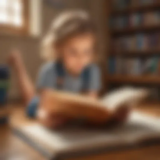 Creative illustration of a young child engrossed in a book