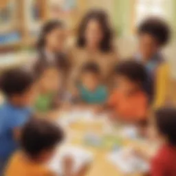 Illustration representing diverse group of children engaged in collaborative learning activities