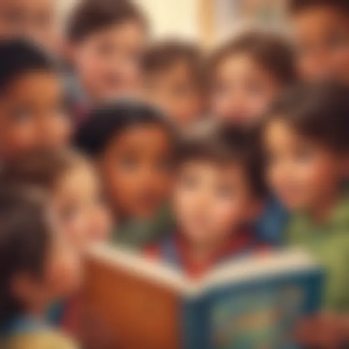 Illustration of diverse children huddled together, looking curious and eager