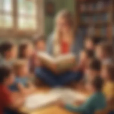 Illustration of a teacher reading a story to a group of engaged children