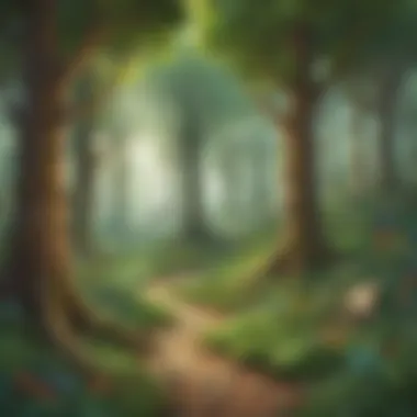 Wilderness of Words Imaginative illustration of a digital forest filled with word challenges for kids