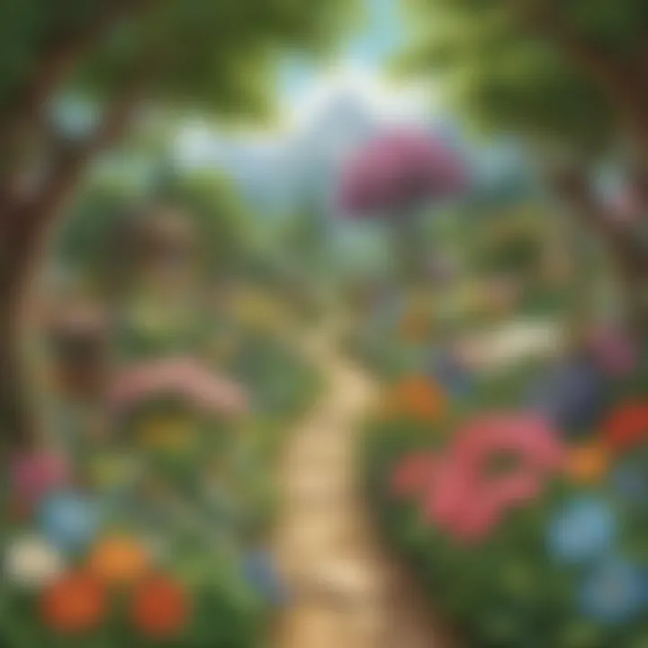 Whimsical portrayal of a virtual word garden blooming with vocabulary flowers