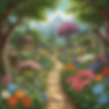 Blossoming Language Whimsical portrayal of a virtual word garden blooming with vocabulary flowers