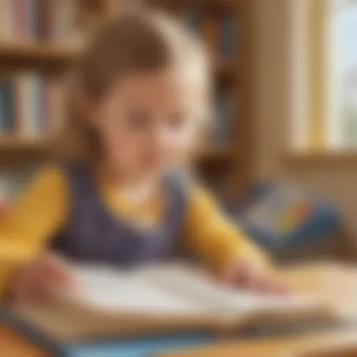 Illustration showcasing young child engaged in reading activities